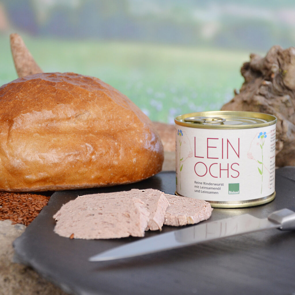 Unser LeinOchs. Eine reine Rinderwurst mit Leinsamenöl und Leinsamen